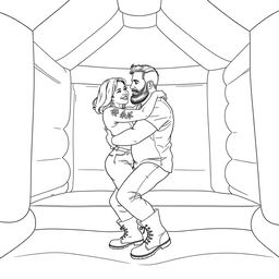 A minimalist line drawing depicting a shoulder length blonde woman with subtle floral tattoos on her arms playfully wrestling with a bearded, slightly stocky man inside a brightly colored bounce house