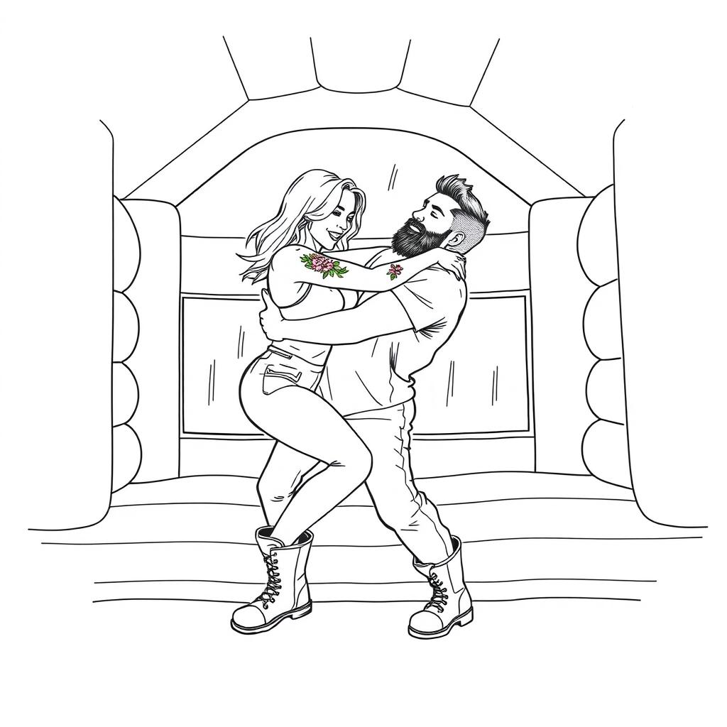 A minimalist line drawing depicting a shoulder length blonde woman with subtle floral tattoos on her arms playfully wrestling with a bearded, slightly stocky man inside a brightly colored bounce house