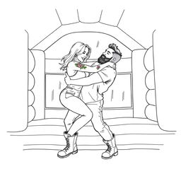 A minimalist line drawing depicting a shoulder length blonde woman with subtle floral tattoos on her arms playfully wrestling with a bearded, slightly stocky man inside a brightly colored bounce house