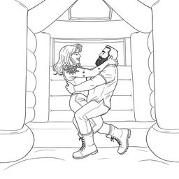 A minimalist line drawing depicting a shoulder length blonde woman with subtle floral tattoos on her arms playfully wrestling with a bearded, slightly stocky man inside a brightly colored bounce house
