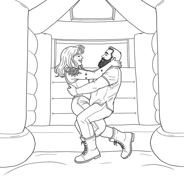 A minimalist line drawing depicting a shoulder length blonde woman with subtle floral tattoos on her arms playfully wrestling with a bearded, slightly stocky man inside a brightly colored bounce house