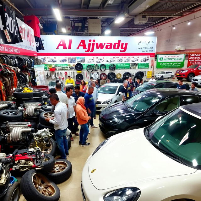 A bustling auto parts store named 'Al Ajwady' showcasing various car components like engines, tires, and accessories, alongside a lively car auction scene featuring diverse vehicles