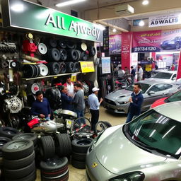 A bustling auto parts store named 'Al Ajwady' showcasing various car components like engines, tires, and accessories, alongside a lively car auction scene featuring diverse vehicles