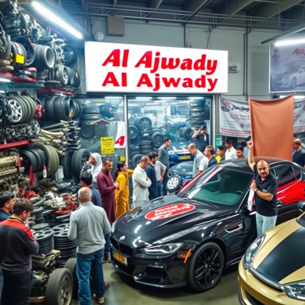 A bustling auto parts store named 'Al Ajwady' showcasing various car components like engines, tires, and accessories, alongside a lively car auction scene featuring diverse vehicles