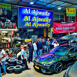A bustling auto parts store named 'Al Ajwady' showcasing various car components like engines, tires, and accessories, alongside a lively car auction scene featuring diverse vehicles