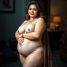 An exquisite portrait of a mature Pakistani woman named Shazia, showcasing her curvy and voluptuous body with an elegant and confident pose