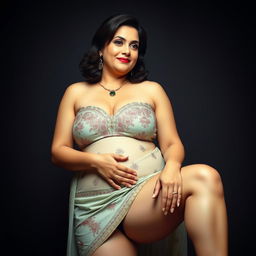 An exquisite portrait of a mature Pakistani woman named Shazia, showcasing her curvy and voluptuous body with an elegant and confident pose