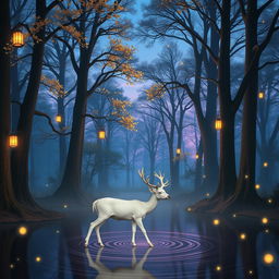 An enchanting forest scene at twilight, with ethereal blue and purple hues blending into the sky