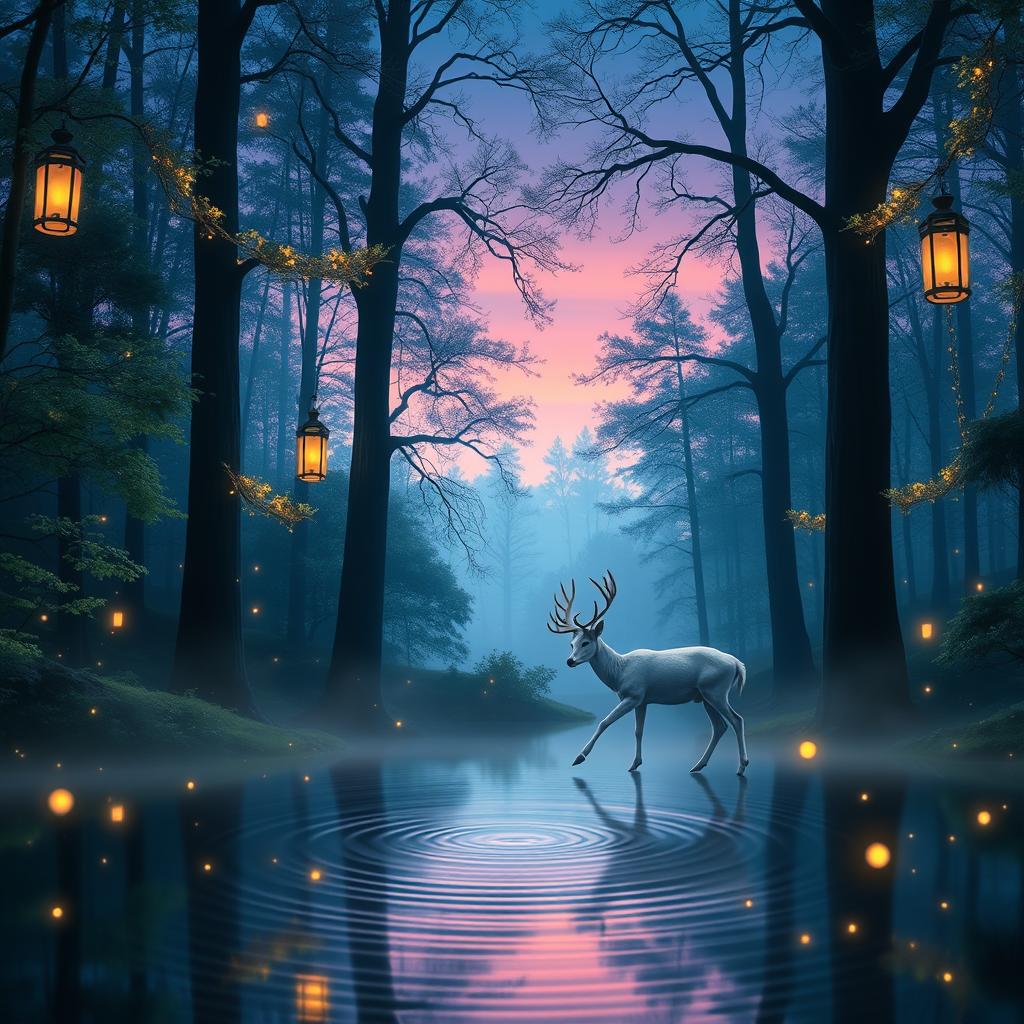 An enchanting forest scene at twilight, with ethereal blue and purple hues blending into the sky