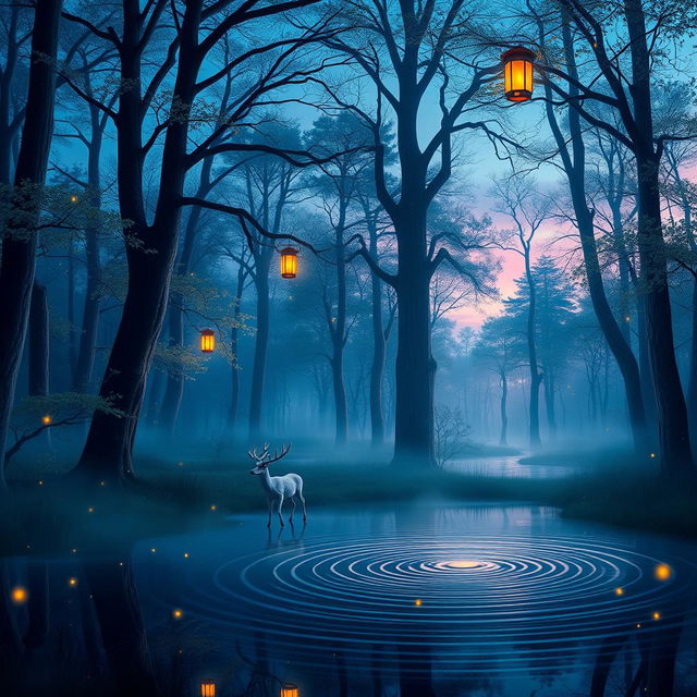 An enchanting forest scene at twilight, with ethereal blue and purple hues blending into the sky