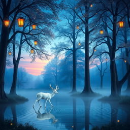 An enchanting forest scene at twilight, with ethereal blue and purple hues blending into the sky