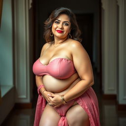 A portrait of a beautiful, mature Pakistani woman named Shazia, showcasing her curvy and voluptuous body in an elegant pose