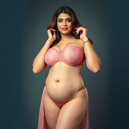 A portrait of a beautiful, mature Pakistani woman named Shazia, showcasing her curvy and voluptuous body in an elegant pose