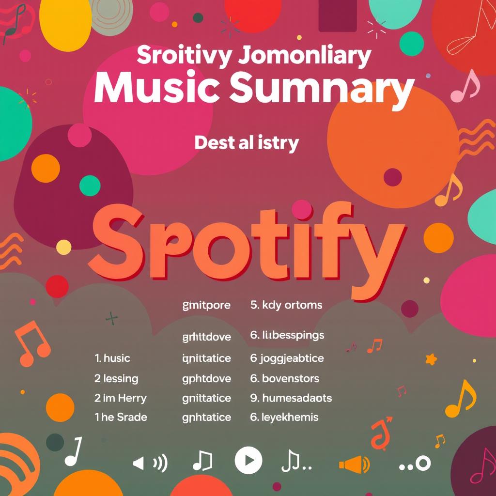 A vibrant and colorful Spotify Wrapped style image, showcasing a personalized music summary for a user