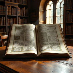 A captivating and detailed image of a large, open manuscript tome displayed on a wooden table