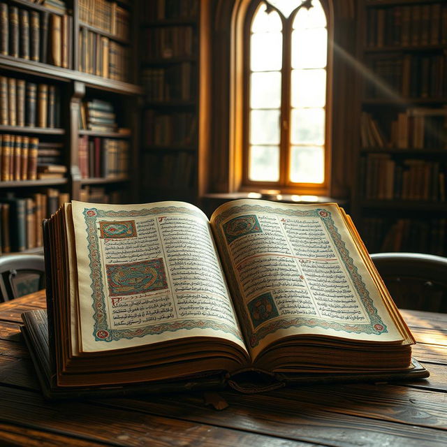 A captivating and detailed image of a large, open manuscript tome displayed on a wooden table