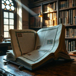A captivating and detailed image of a large, open manuscript tome displayed on a wooden table