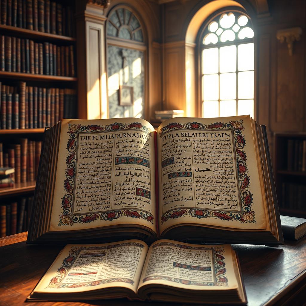 A captivating and detailed image of a large, open manuscript tome displayed on a wooden table