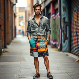 A man dressed in a stylish skirt-like piece with a shirt on top, creating a fashionable and modern look