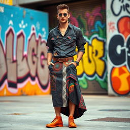 A man dressed in a stylish skirt-like piece with a shirt on top, creating a fashionable and modern look