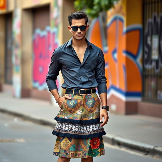 A man dressed in a stylish skirt-like piece with a shirt on top, creating a fashionable and modern look