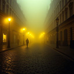 A moody and atmospheric depiction of London streets enveloped in thick yellow fog