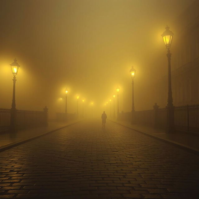 A moody and atmospheric depiction of London streets enveloped in thick yellow fog