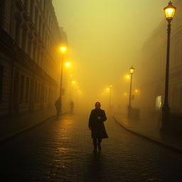 A moody and atmospheric depiction of London streets enveloped in thick yellow fog