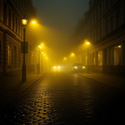 A moody and atmospheric depiction of London streets enveloped in thick yellow fog