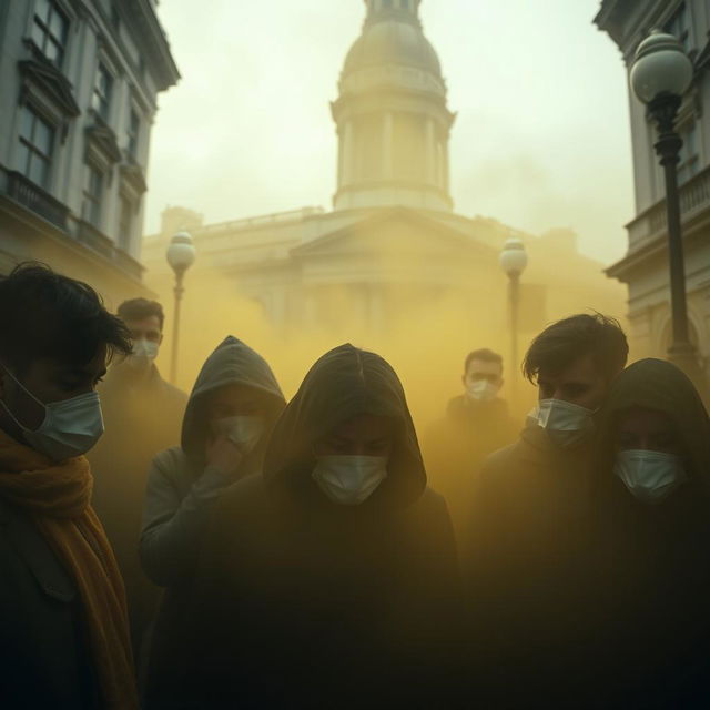 A haunting and poignant scene capturing a group of people in London streets shrouded in yellow fog, each wearing masks as they struggle to breathe