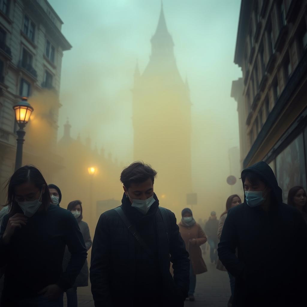 A haunting and poignant scene capturing a group of people in London streets shrouded in yellow fog, each wearing masks as they struggle to breathe