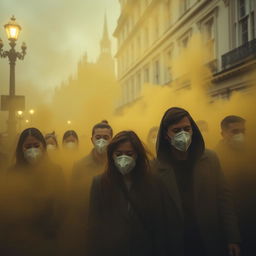 A haunting and poignant scene capturing a group of people in London streets shrouded in yellow fog, each wearing masks as they struggle to breathe