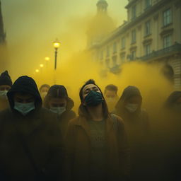 A haunting and poignant scene capturing a group of people in London streets shrouded in yellow fog, each wearing masks as they struggle to breathe