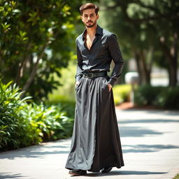 A man wearing a long skirt paired with a stylish shirt on top, creating an elegant and contemporary look