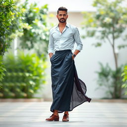 A man wearing a long skirt paired with a stylish shirt on top, creating an elegant and contemporary look