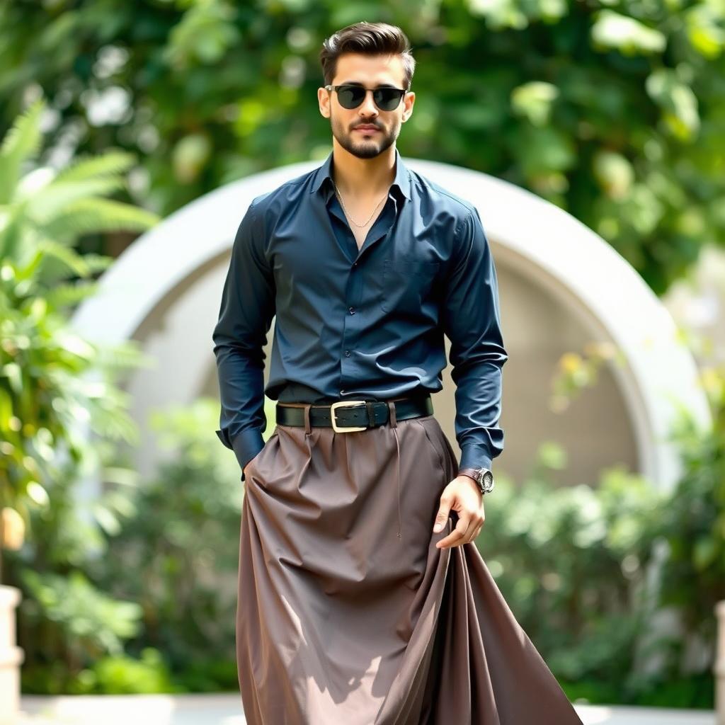 A man wearing a long skirt paired with a stylish shirt on top, creating an elegant and contemporary look