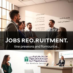 A visually appealing promotional image for a job recruitment agency, featuring a professional and inviting office environment