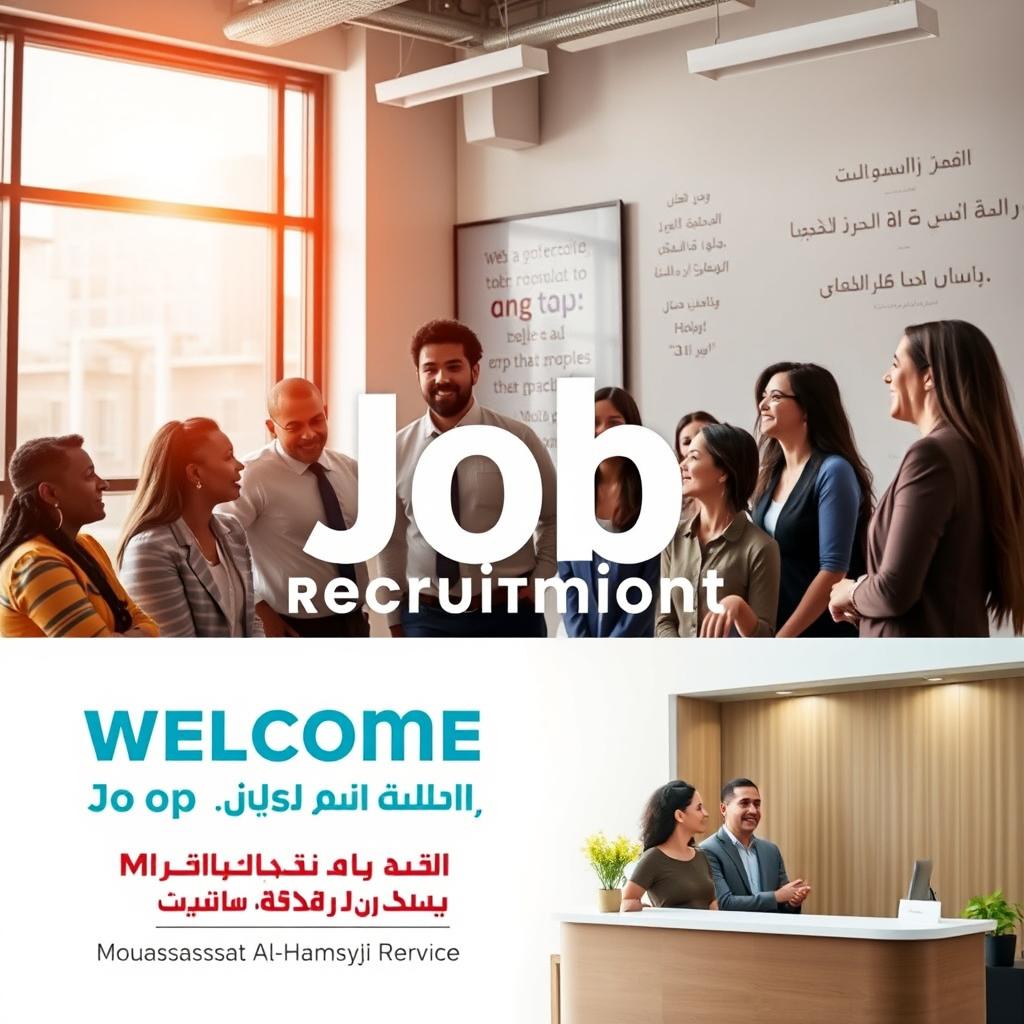 A visually appealing promotional image for a job recruitment agency, featuring a professional and inviting office environment