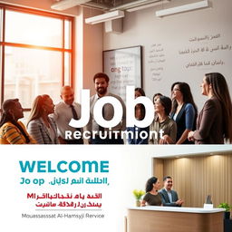 A visually appealing promotional image for a job recruitment agency, featuring a professional and inviting office environment