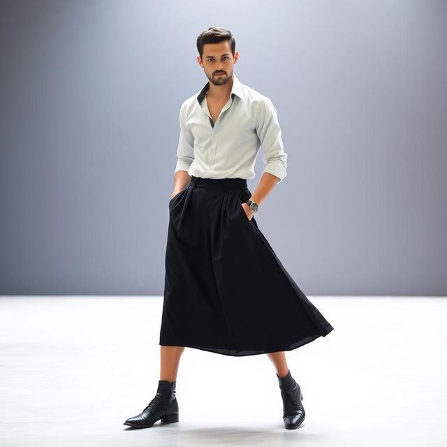 A man wearing a long, plain black skirt paired with a stylish shirt on top, creating a chic and sophisticated look