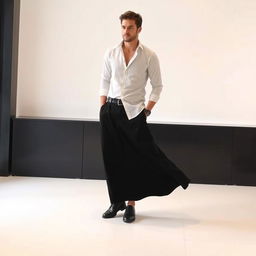 A man wearing a long, plain black skirt paired with a stylish shirt on top, creating a chic and sophisticated look