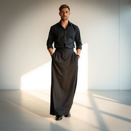 A man wearing a long, plain black skirt paired with a stylish shirt on top, creating a chic and sophisticated look