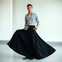 A man wearing a long, plain black skirt paired with a stylish shirt on top, creating a chic and sophisticated look