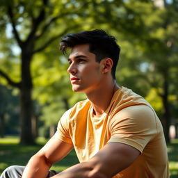 A 26-year-old athletic male, with a fit physique, sitting in a relaxed pose, deep in thought
