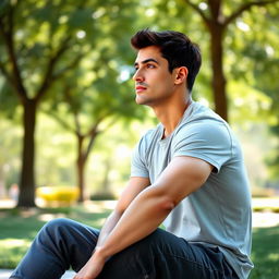 A 26-year-old athletic male, with a fit physique, sitting in a relaxed pose, deep in thought