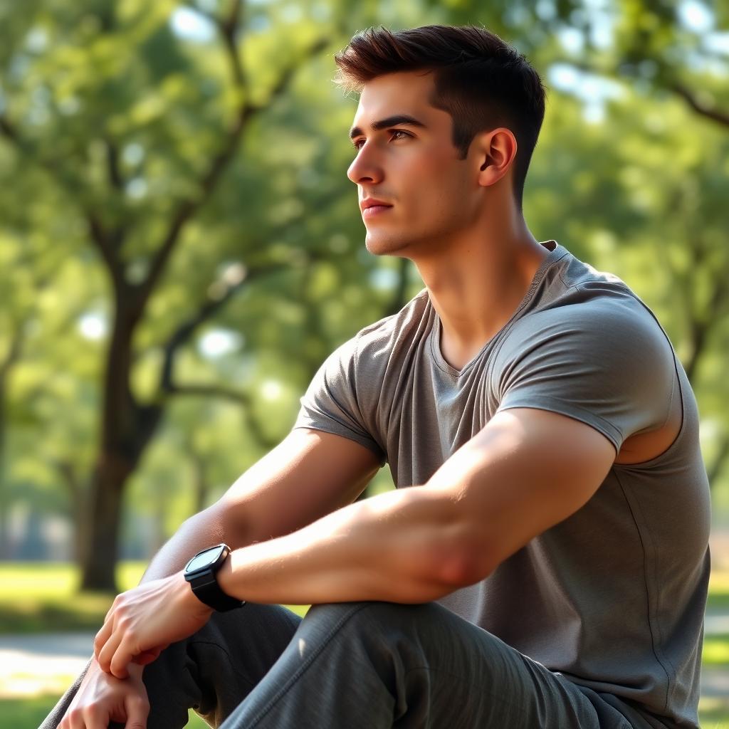 A 26-year-old athletic male, with a fit physique, sitting in a relaxed pose, deep in thought