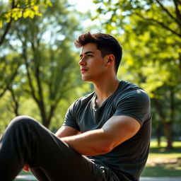 A 26-year-old athletic male, with a fit physique, sitting in a relaxed pose, deep in thought
