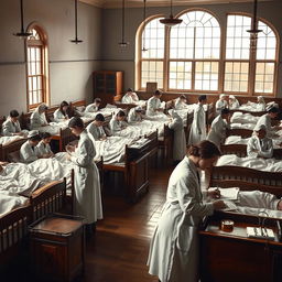 A historical depiction of a bustling hospital scene from the early 20th century, showcasing doctors and nurses in vintage white uniforms attending to patients