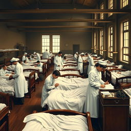 A historical depiction of a bustling hospital scene from the early 20th century, showcasing doctors and nurses in vintage white uniforms attending to patients