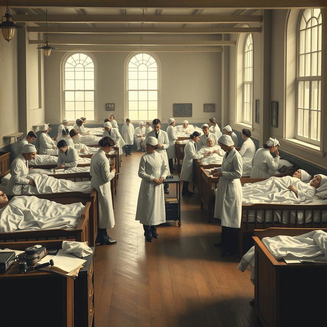 A historical depiction of a bustling hospital scene from the early 20th century, showcasing doctors and nurses in vintage white uniforms attending to patients